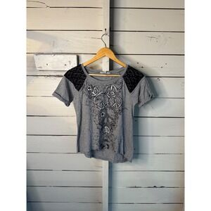 Cato Girls Gray Peace Sign Graphic T-Shirt Lace Shoulder Sparkle XL 16